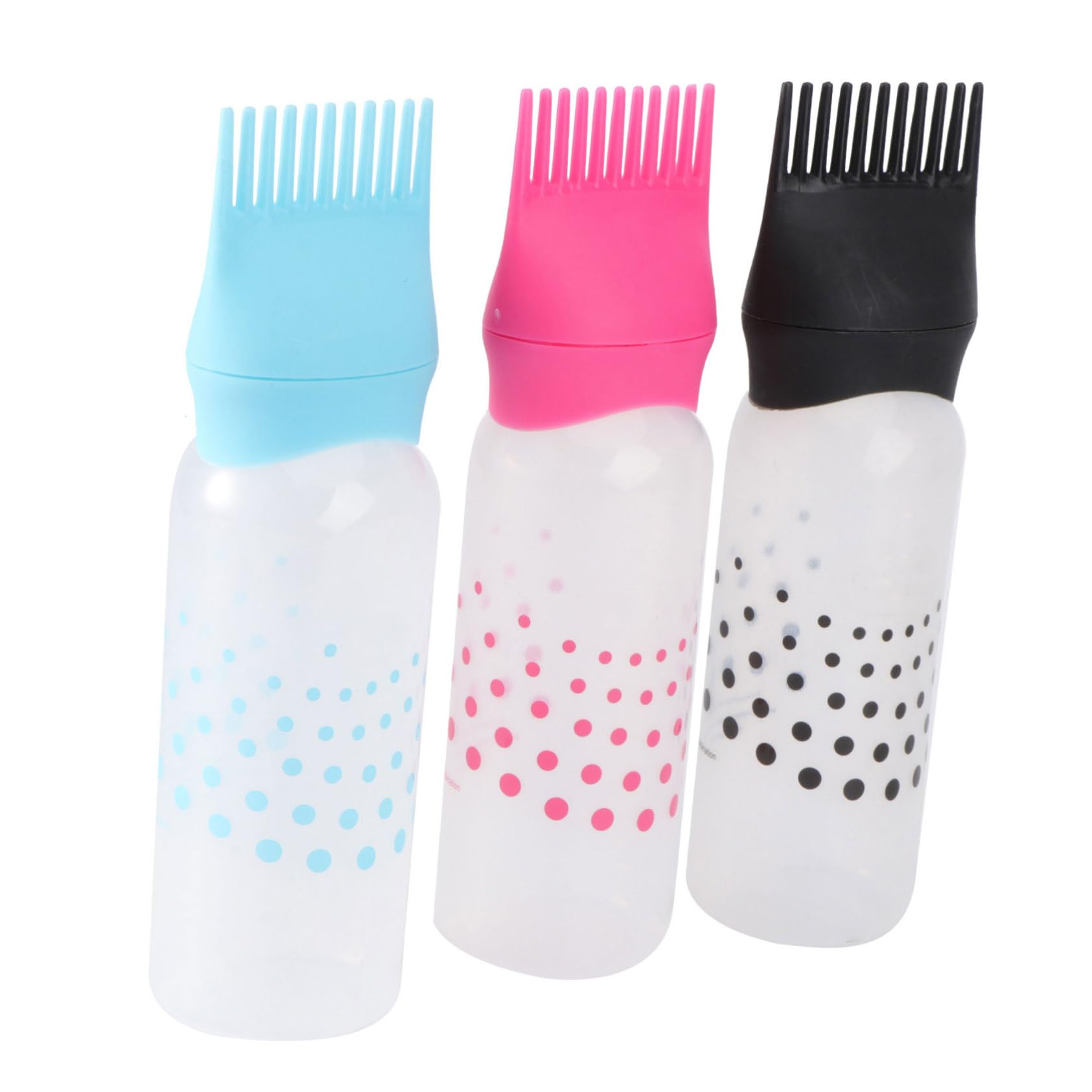 OUNONA 3Pcs Colorful Hair Dye Bottles with Comb Applicator Smooth Surface Hairdressing Tools for Even Color Distribution Salon Black Rosy and Blue