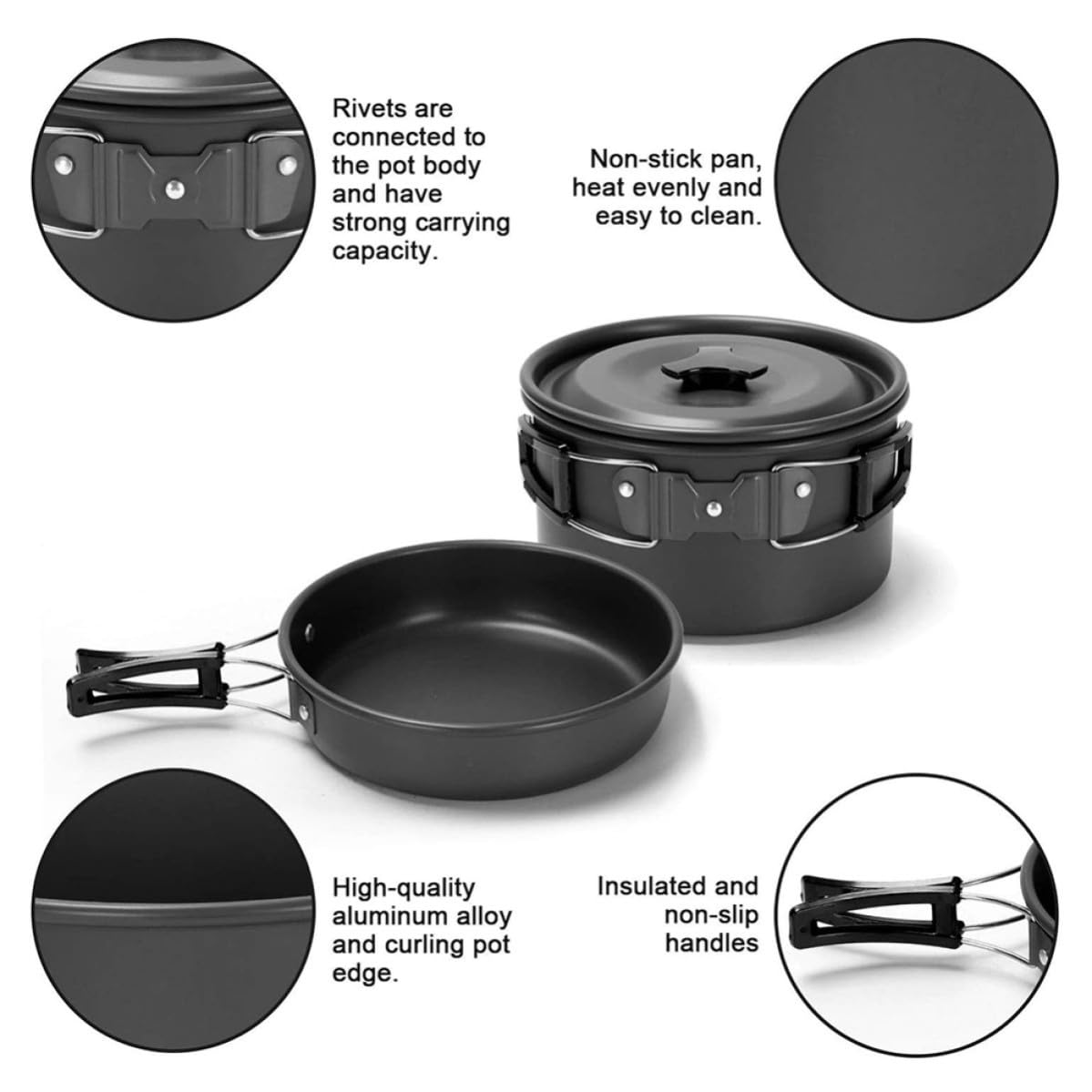 Ciieeo Ustensiles Cuisine de Camping Lot de 1, Alliage D'aluminium, Antiadhésifs, Noirs, pour Camping et Voyage