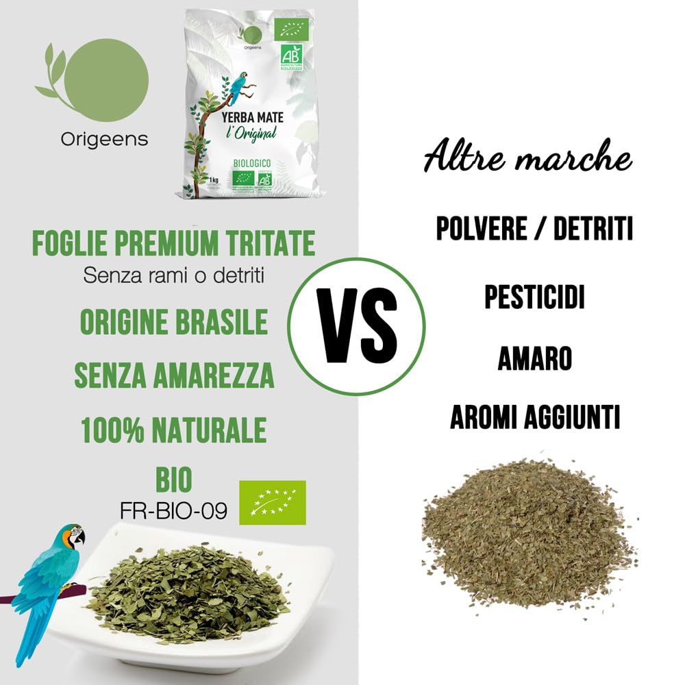 ORIGEENS YERBA MATE BIO 1KG LOriginale - Yerba Mate Bio Non tostata, Raccolto a mano - Foglie, senza gambi e 0 polvere - Bevanda Energetica e Detox