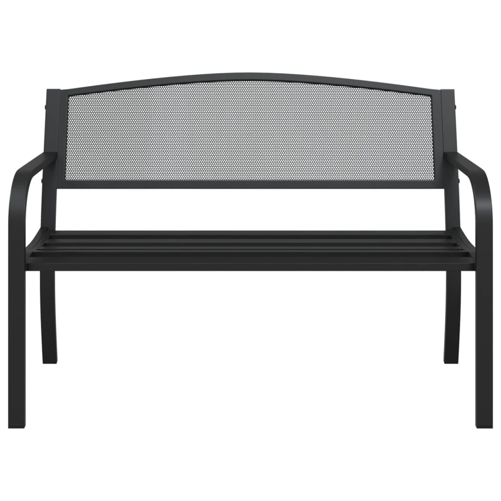 Czarna stalowa ławka ogrodowa 119 cm z perforowanym oparciem, wytrzymała ławka ogrodowa na patio i podwórko, nowoczesny design i trwały materiał z powłoką