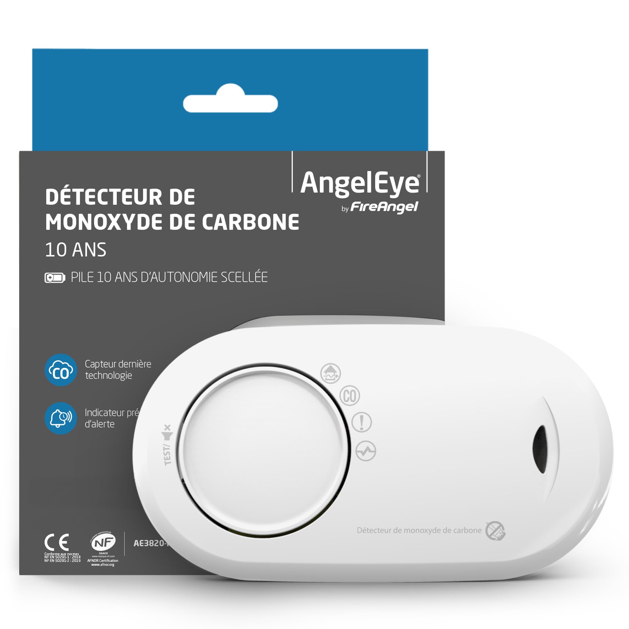 Fire Angel AE3820 Détecteur de Monoxyde de Carbone CO, Capteur de Monoxyde de Carbone, Détecteur de CO Portable, Pile Scellée 10 Ans, Maison, Voyage. NF