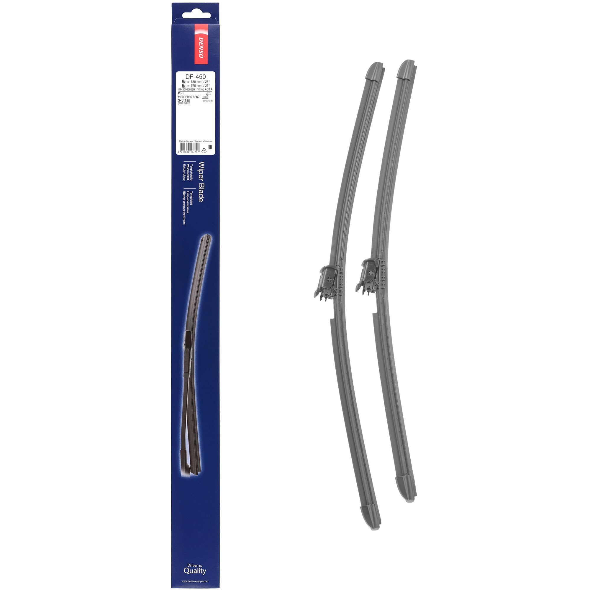 Kit de Escobillas Limpiaparabrisas Planas DENSO (DF-450), 2 Unidades 630/575mm – Vehículos con volante a izquierda – Silenciosas y Duraderas con Diseño Aerodinámico – Escobillas Limpiaparabrisas OEM