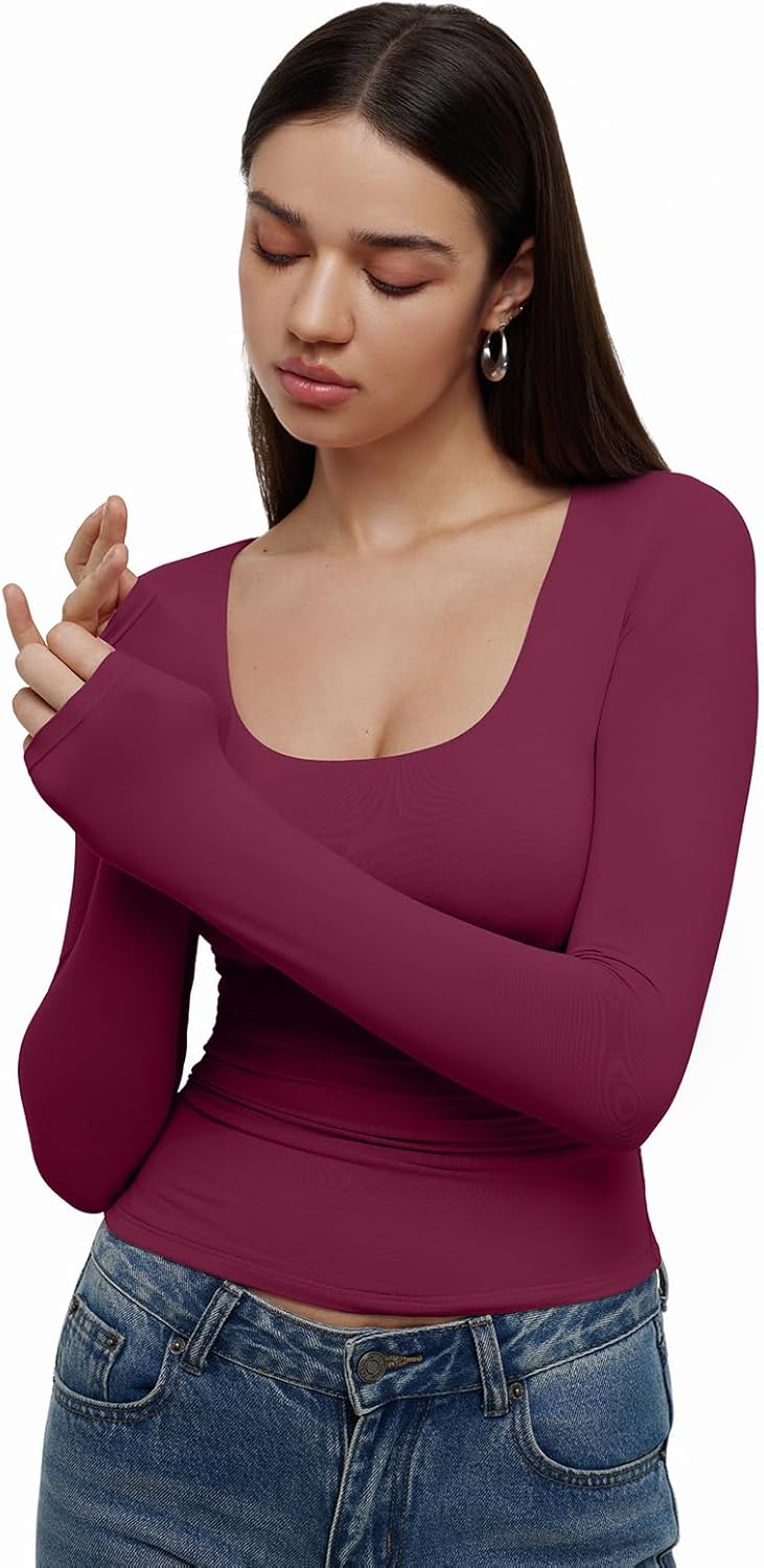 REORIA Womens Basic Square Neck Long Sleeve Shirts Double Lined Tops Tight Shirts Fall Outfits 2025 - Image 4