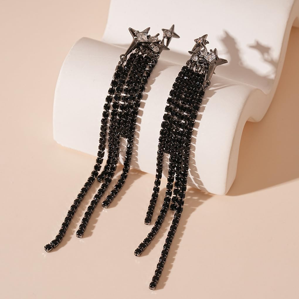 Long Rhinestone Tassel Dangle Earrings for Women,Sparkly Black Crystal Hollow Star Drop Earrings,Trendy Punk Jewelry Party Dress Accessories - Image 6