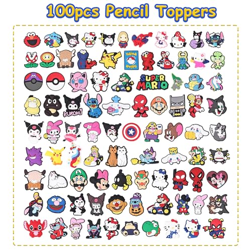 100PCS Mixed Anime Cartoon Pencil Toppers - Kawaii Pen Charms for Boys and Girls, Cute Classroom Rewards and Prizes for Students, Pencil Decorations for School Supplies, Kids Incentives