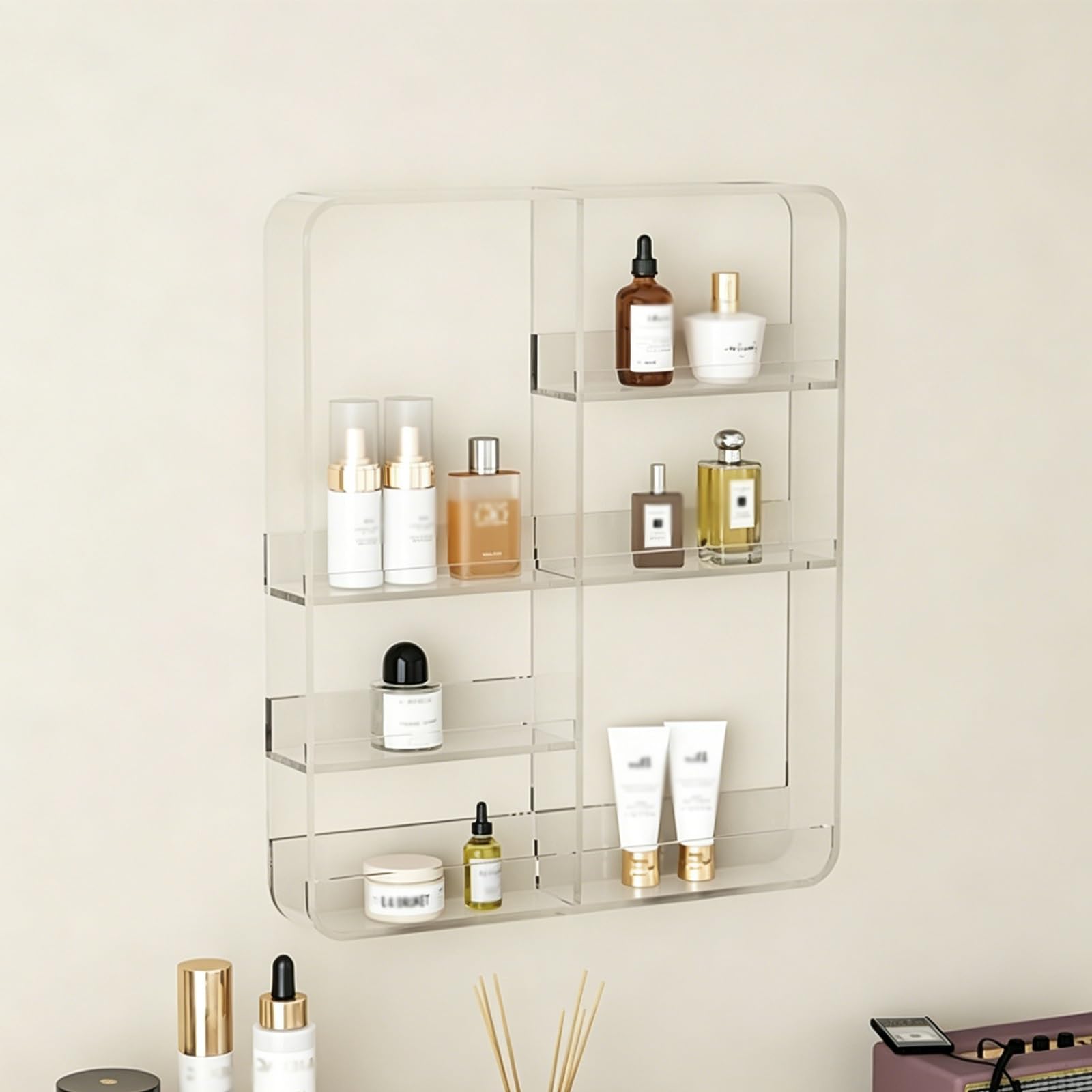 Dexinhdh E Wall Mounted Acrylic Storag Rack, Invisibl Floating Bookshelf, Multi-Tiered Sectional Storag, No-Drill Bathroom Corner Shelf For Bedroom, Bathroom, Kitchen(E)