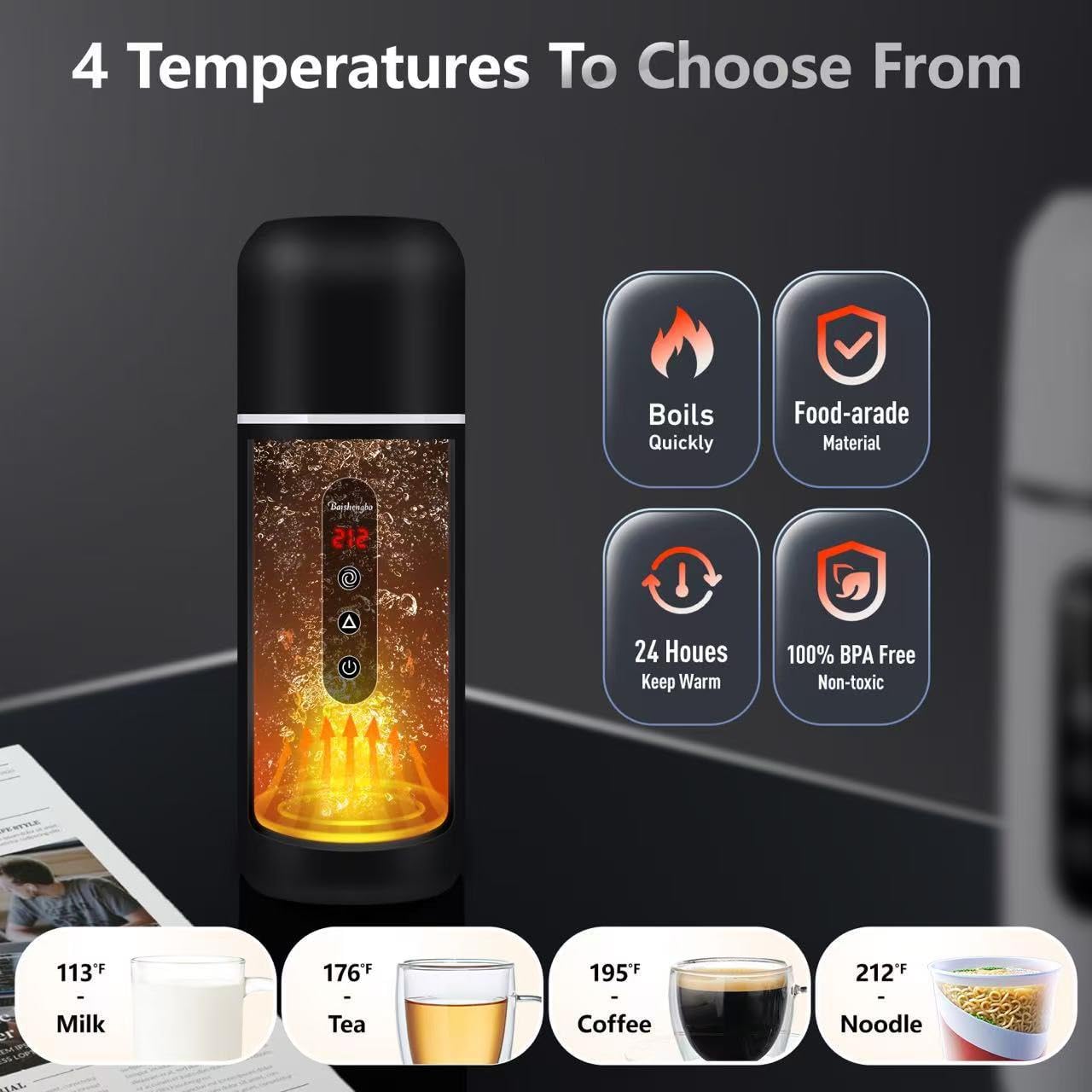 Car Kettle,Portable Electric Travel Kettle,12V/24V Car Coffee Warmer,420ML Hot Water Boiler,Small Hot Water Heater, Mini Hot Water Boiler with Built-in Magnetic Induction Stirring for Tea Coffee Milk