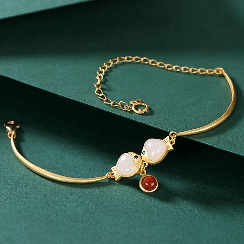 Girls Accessories Bracciale in Argento Sterling 925 Vintage per Donna Semplice Giada Giada Bianca Pesci Dorati Fascino Classico Gioielli Spiaggia Estiva Birthday Gift