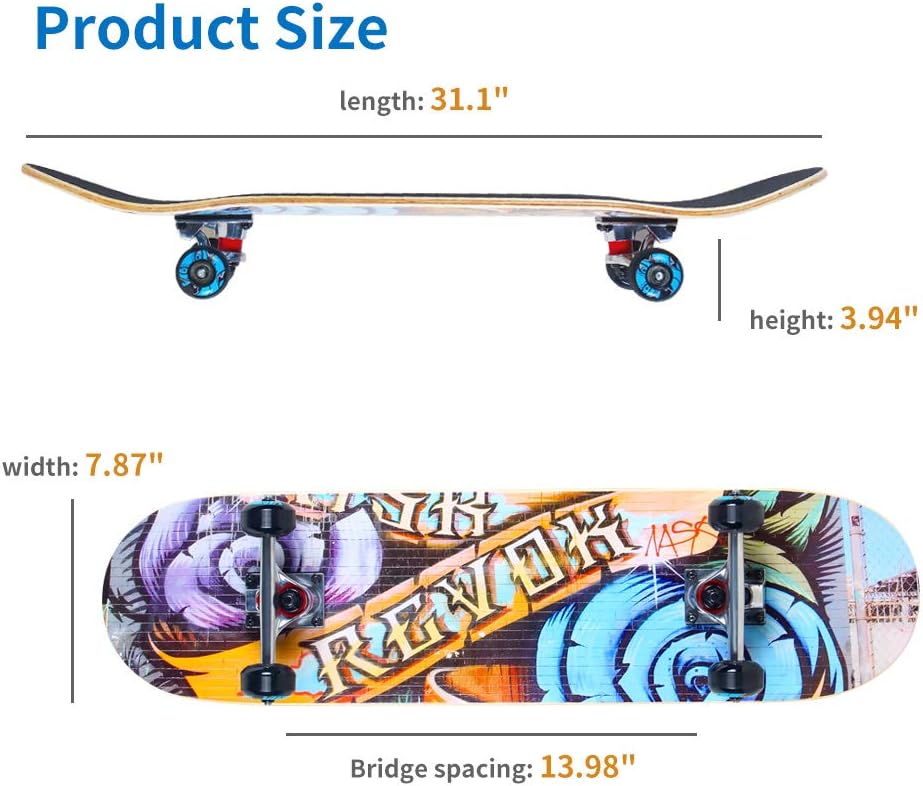 IMITOR Complete Skateboards for Beginners & Pro Standard Skateboard Cruiser 31" x 8" 8 Layer Canadian Maple Wood Double Kick Concave Skate Board for Boys Girls Kids Youths Adults