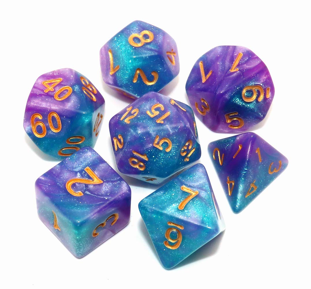 DND - Dados Poliédricos Azul y Morado con Purpurina para Dungeon and Dragons D&D, Juego de Rol y Mesa