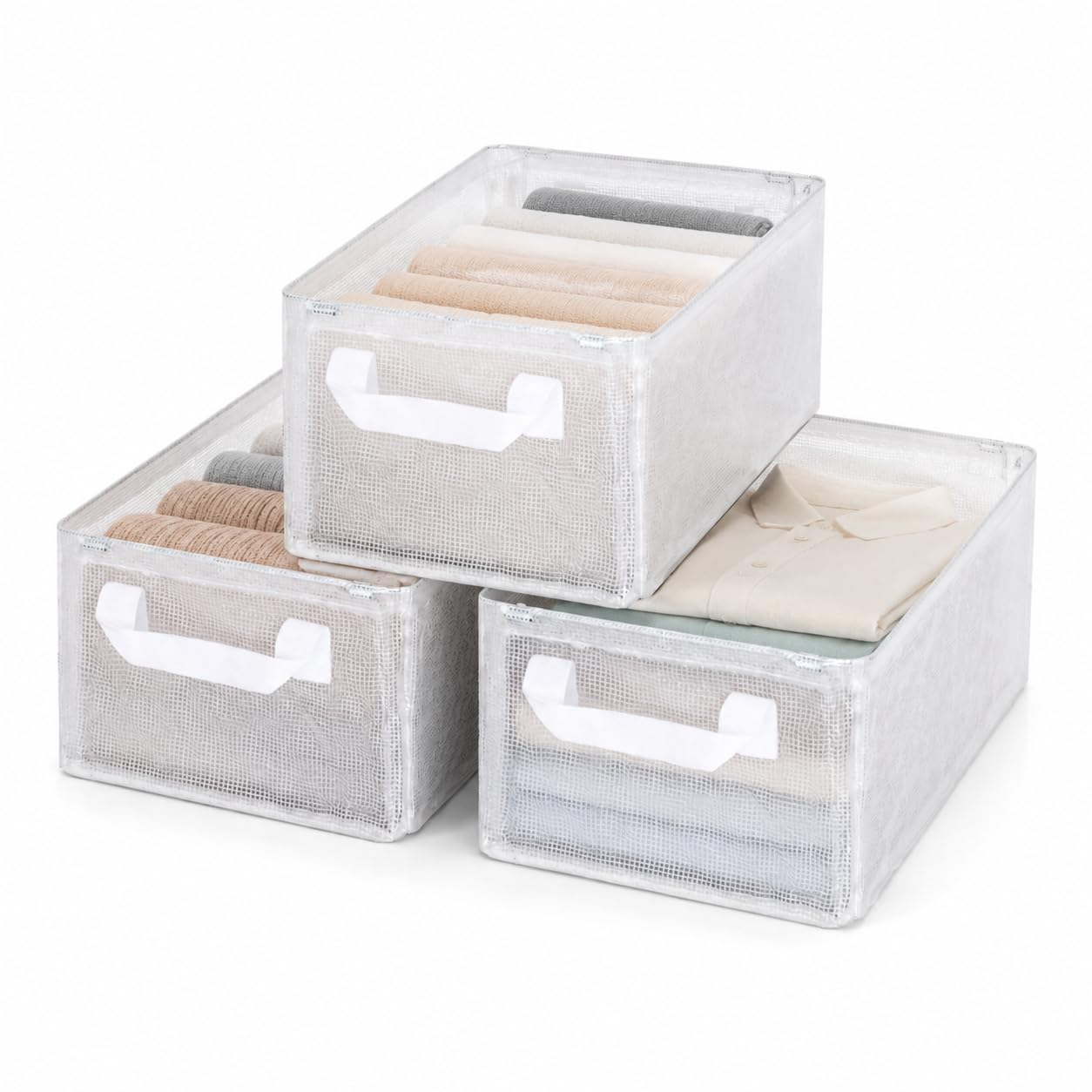 Goesort 3 Pack Storage Box with Steel Frame Support, Foldable Wardrobe Baskets with Handles, Clear Storage Baskets for Clothes, Toys, Towels, Office, Small