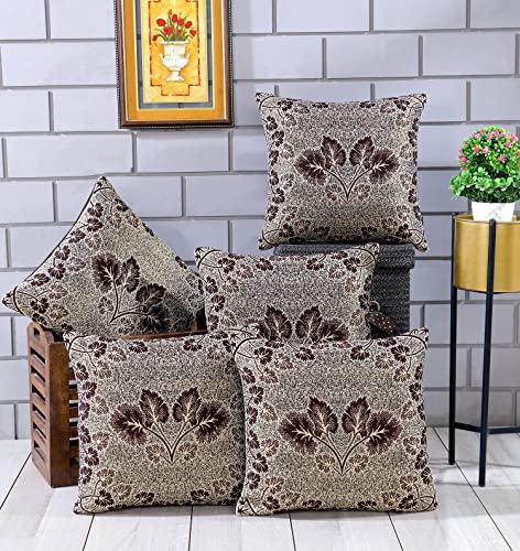 Image of Nendle Jacquard Weaved 16X16 Inch Polycotton Ethnic Floral 210 TC Cushion Cover Set Of 5 (40 * 40Cm, Brown)