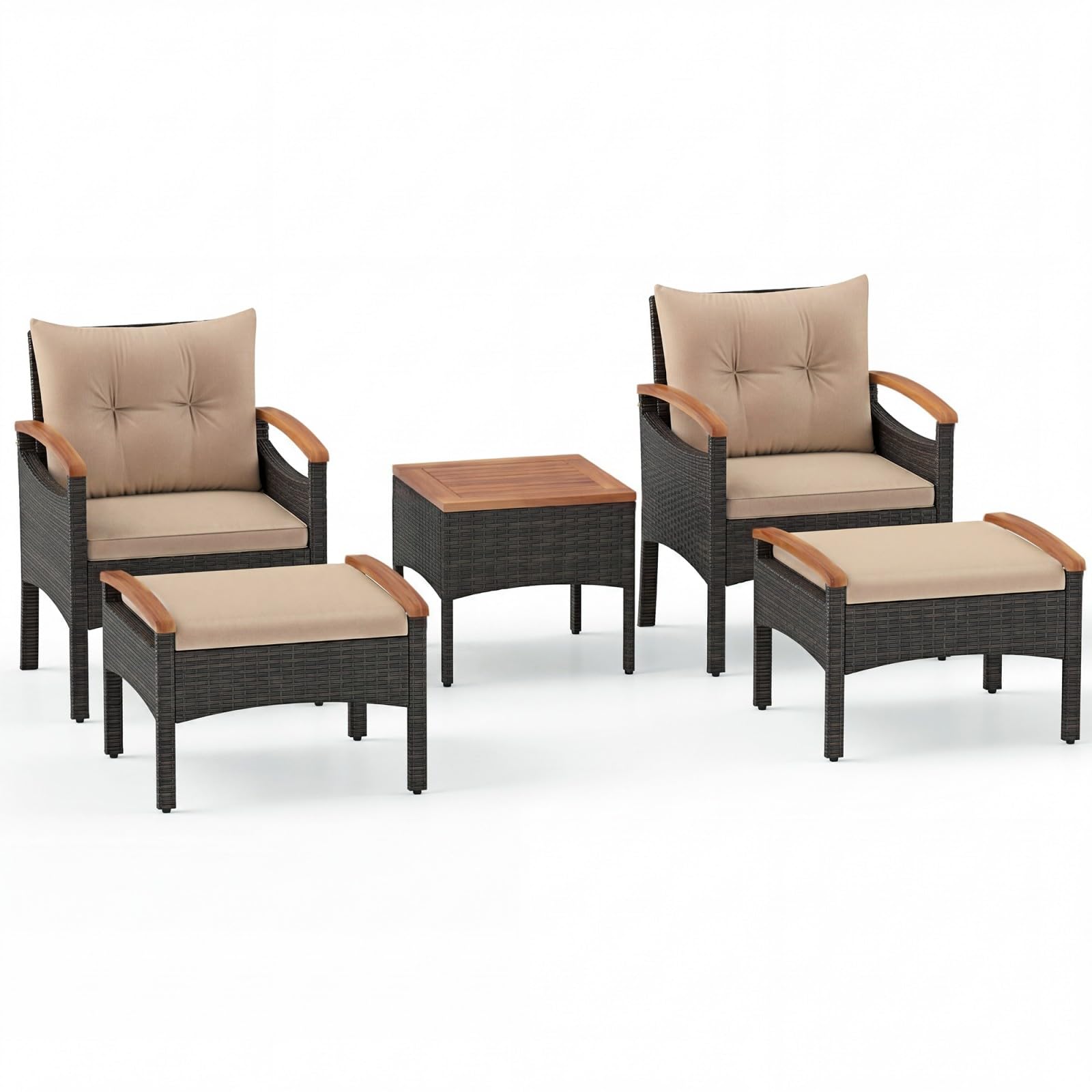 GIANTEX 5er Rattan Gartenmöbel Set, Balkonmöbel Set 2 Sessel & 2 Fußhocker & 1 Couchtisch, 5 tlg. Gartengarnitur Gartenlounge Set, Balkonset Möbel Rattanmöbel, Rattan Sessel mit Kissen(5er Set, Khaki)