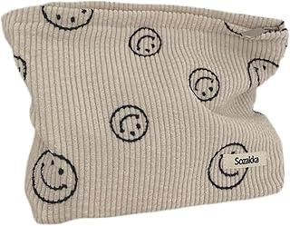 Smiley Face Makeup Bag, Aesthetic Preppy Makeup Bag, Corduroy Cosmetic Bag for Purse, Cute Smile Dots Makeup Pouch with Zipper for Women Toiletry Travel Girls