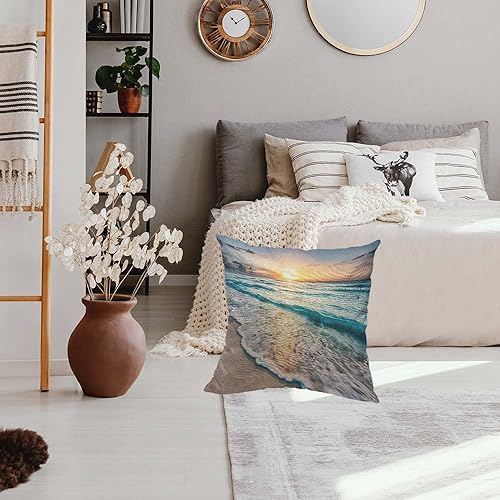 Miniatura 5 de HOSNYE Seaside Wave - Funda de almohada de lino y algodón con diseño de océano tropical, playa, mar, puesta de sol, atardecer, azul, arena, verano,
