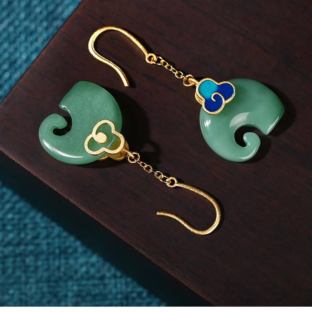 WBDWWTD Auspicious Clouds Elefantenförmige Emaille- und Hetian-Ohrhänger, exquisiter Vintage-Jade-Schmuck aus Sterlingsilber, Geschenke für Frauen