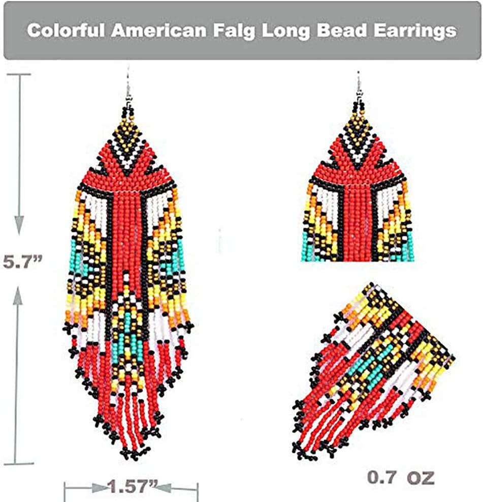 Long Beaded Tassel Earrings - American Flag Drop Earrings Bohemian Beaded, Seed Bead Tribal Dangle Earrings, Pendientes De Borla,Idea for Women