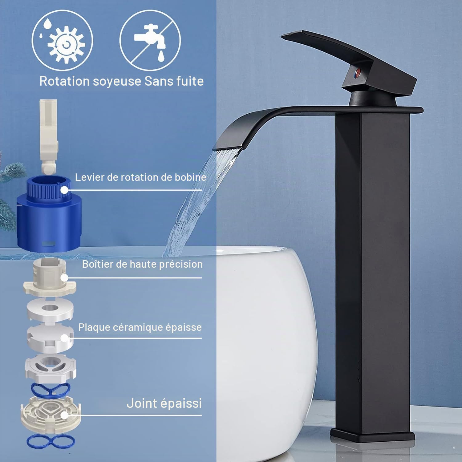 Robinet de lavabo cascade, noir, cascade, haut, moderne, mitigeur monocommande en laiton, économie d'énergie, économie d'eau