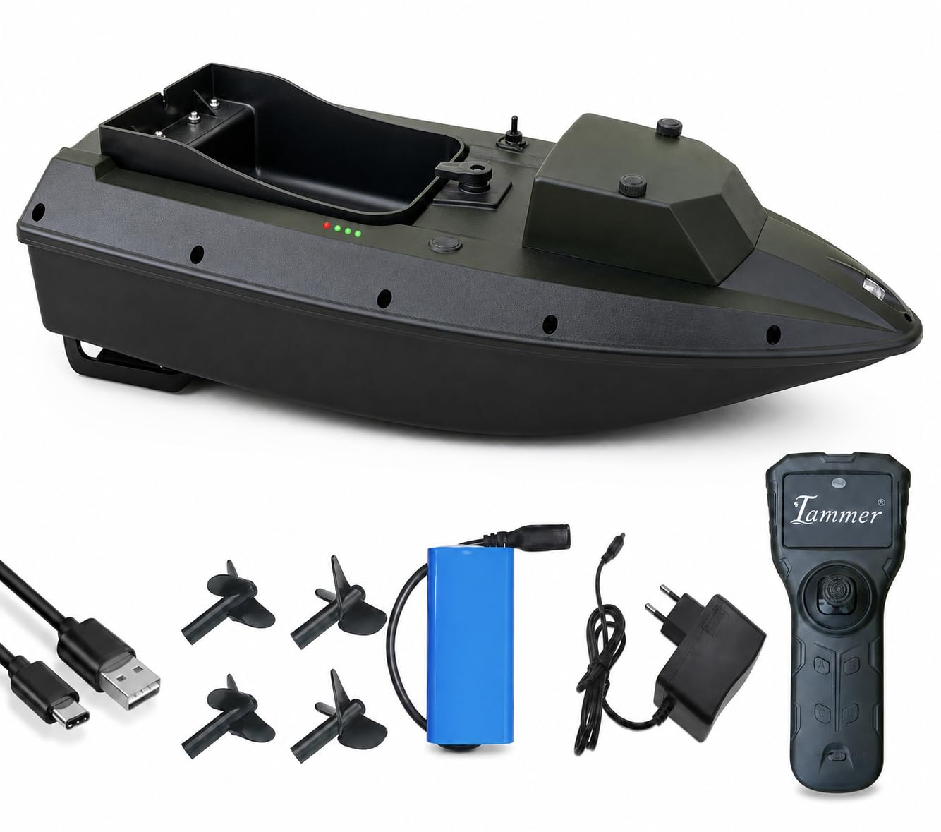 barca pasturatrice, barca con esca per la pesca alla carpa – Nuovo modello con Cruise Control, Capacità di carico 1,5 kg, portata 500 m, Tempo di navigazione 3 ore, illuminazione a LED