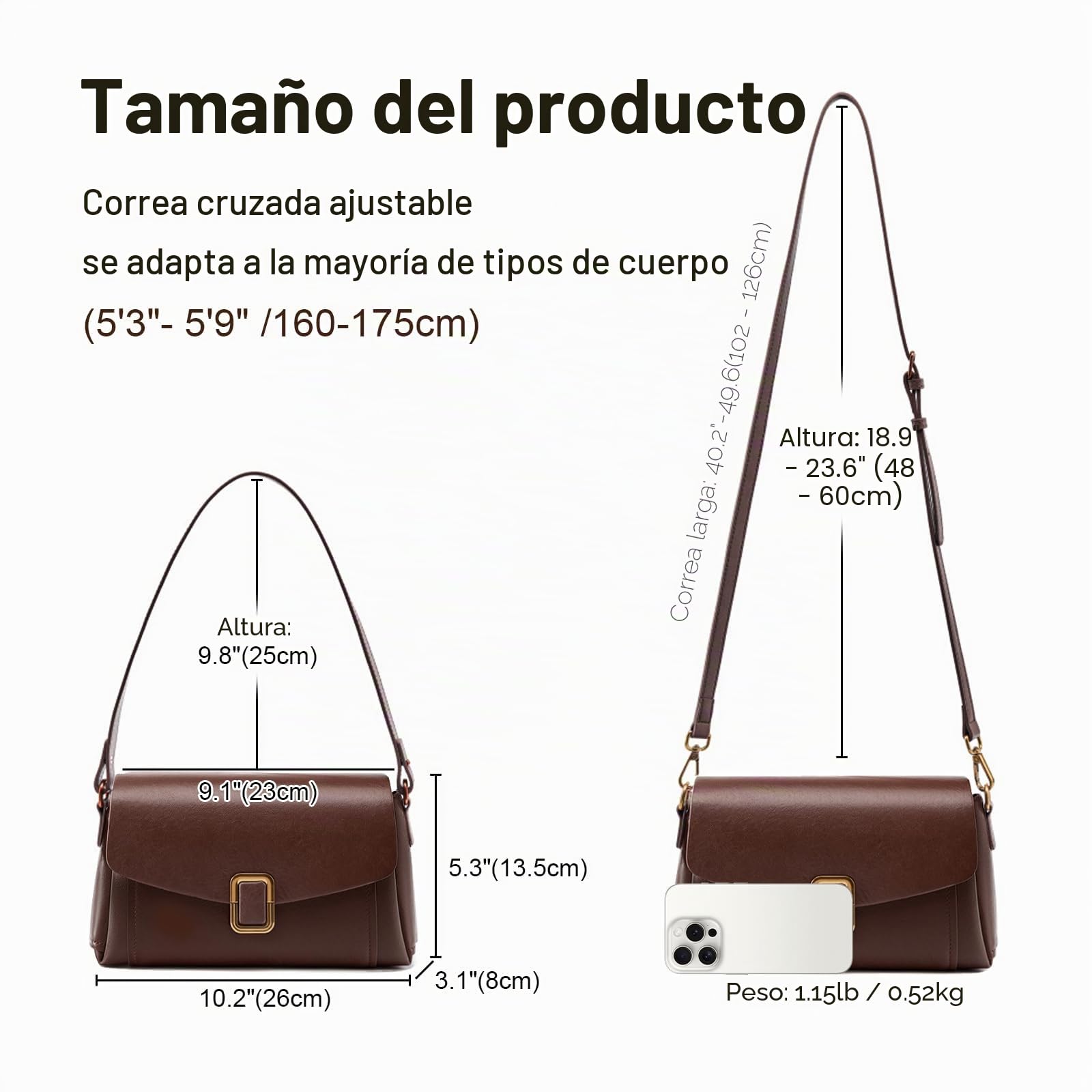 Bolso Bandolera Mujer de Cuero Genuino, Correa Ajustable | Cuero Genuino, 2 Correas Desmontables, Estilo Satchel, Compacto y Ligero, Ideal para Viajes, Uso Diario, Trabajo y Regalo