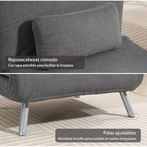 HOMCOM Sofá Cama de 1 Plazas 3 en 1 Sillón Cama Plegable Tapizado en Pata de Gallo con Respaldo Ajustable de 5 Niveles y Almohada Acolchada para Oficina Dormitorio Salón 80x75x83 cm Negro - imagen 7