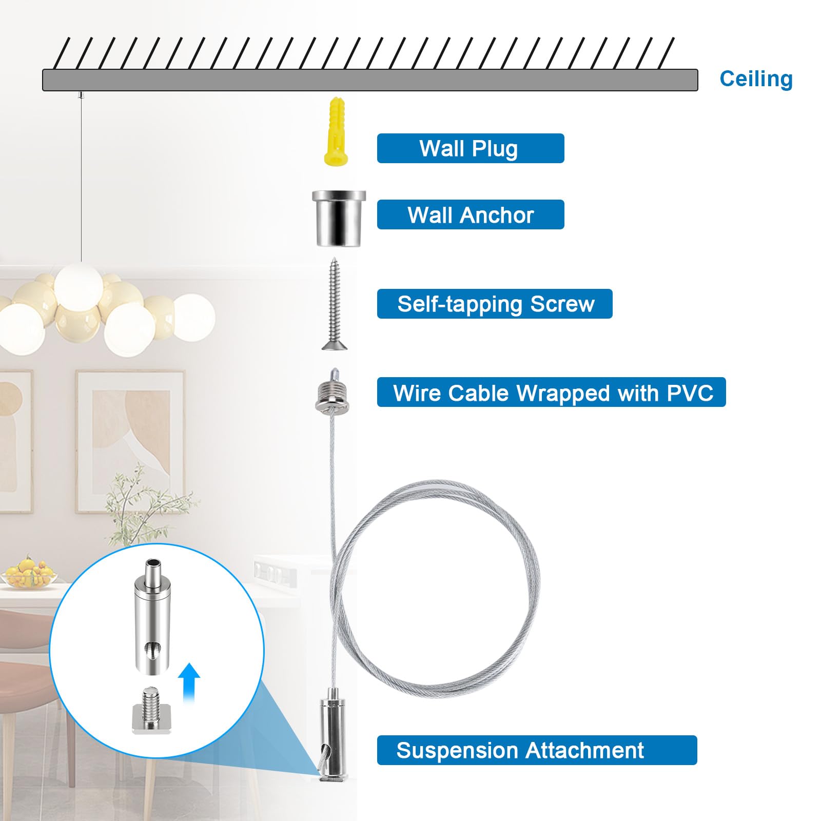 Ceiling Hanging Wire Cable Kit, 8 Sets LED Light Fixtures Hanging System Kit, Aquarium Light Hanging Kit, Adjustable Wire Rope for Panel, Pendant, Chandelier, Suspension Light Fixture — Amazon image 3