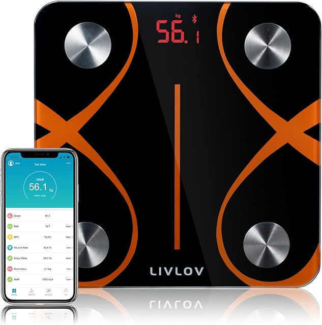 Digital Bathroom Body Fat Scale: LIVLOV V10 Smart Weight Scales Bluetooth Weighing Scale for Body Weight - Body Composition Monitors with Smart App for Fitness, Weight Loss, BMI, Muscle Mass Track