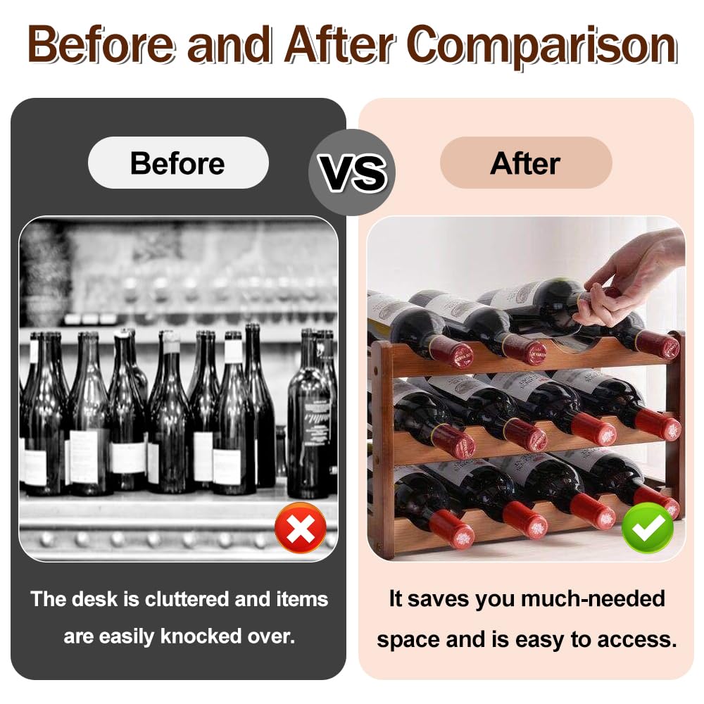 Portabottiglie da Tavolo in Bambù Portabottiglie di Vino per Bar | Portabottiglie in Bambù a 3 Piani per 12 Bottiglie, Standard Portabottiglie Autoportante, per Cucina Soggiorno Cantina