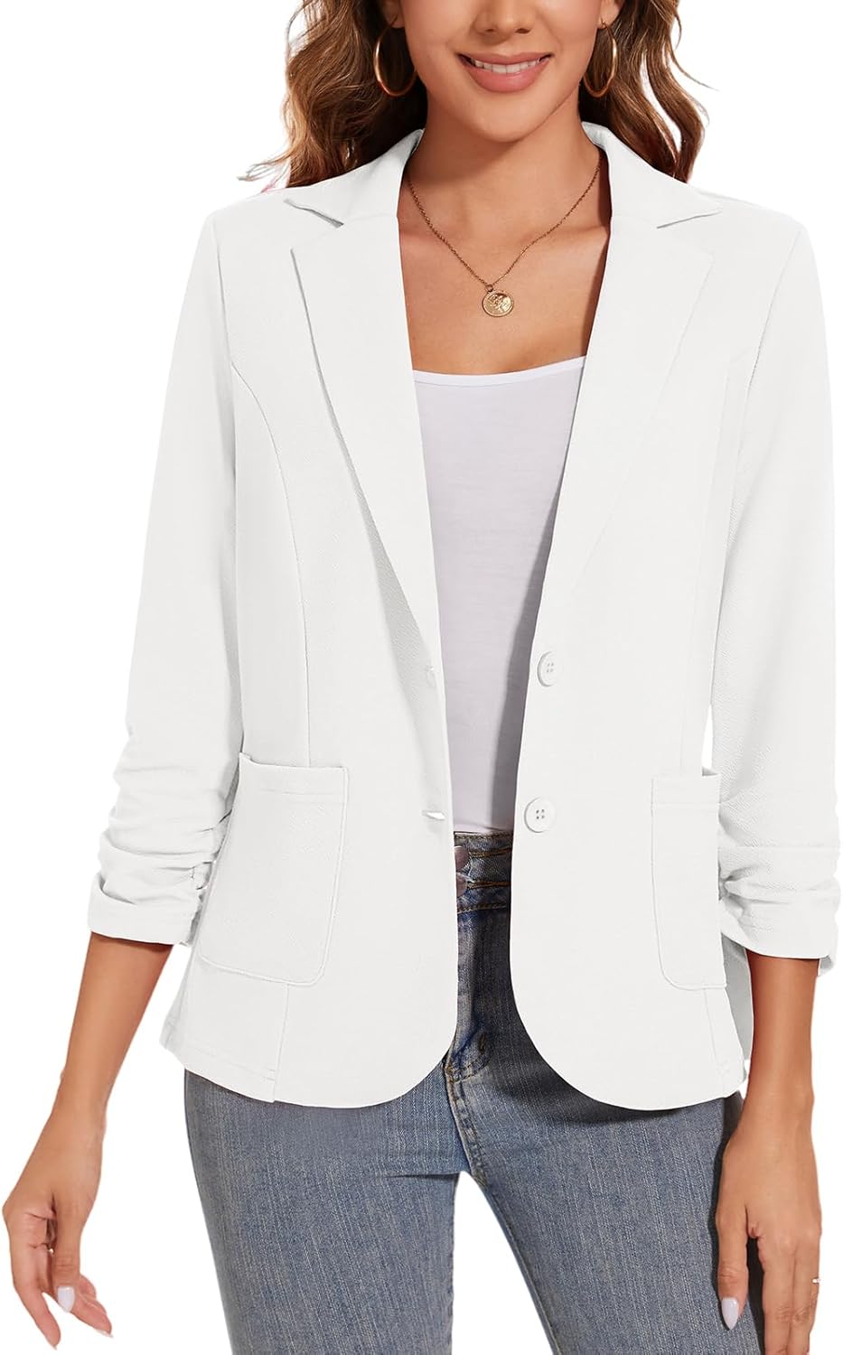 Women’s Casual Button Front Blazer Jackets Ruched 3/4 Sleeve Lapel Office Work Lightweight Blazers with Pockets