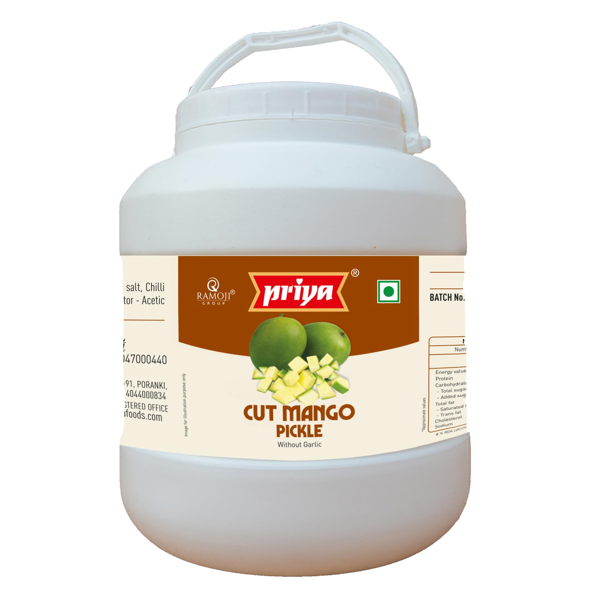 Priya Cut Mango Pickle without Garlic, 5Kg - Authentic Telugu Style Aam Achar |Traditional South Indian Taste| Homemade Andhra Pickles| Tangy and Spicy| With Mango Pieces & Mixed Spices