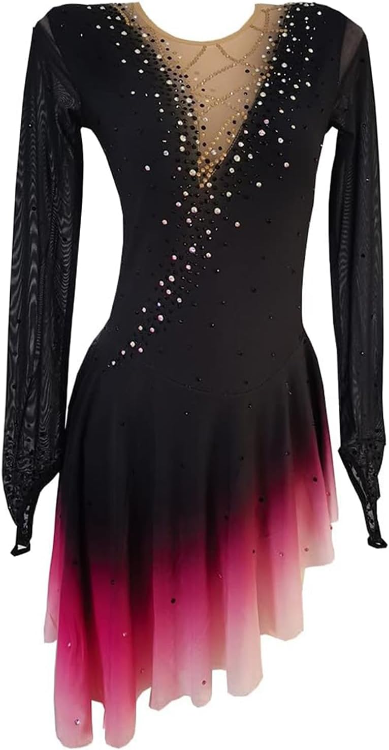 LIUHUO Black Figure Skating Skirt Rose Red Skirt with Gradient Mesh Hook Sleeve Girl Performance