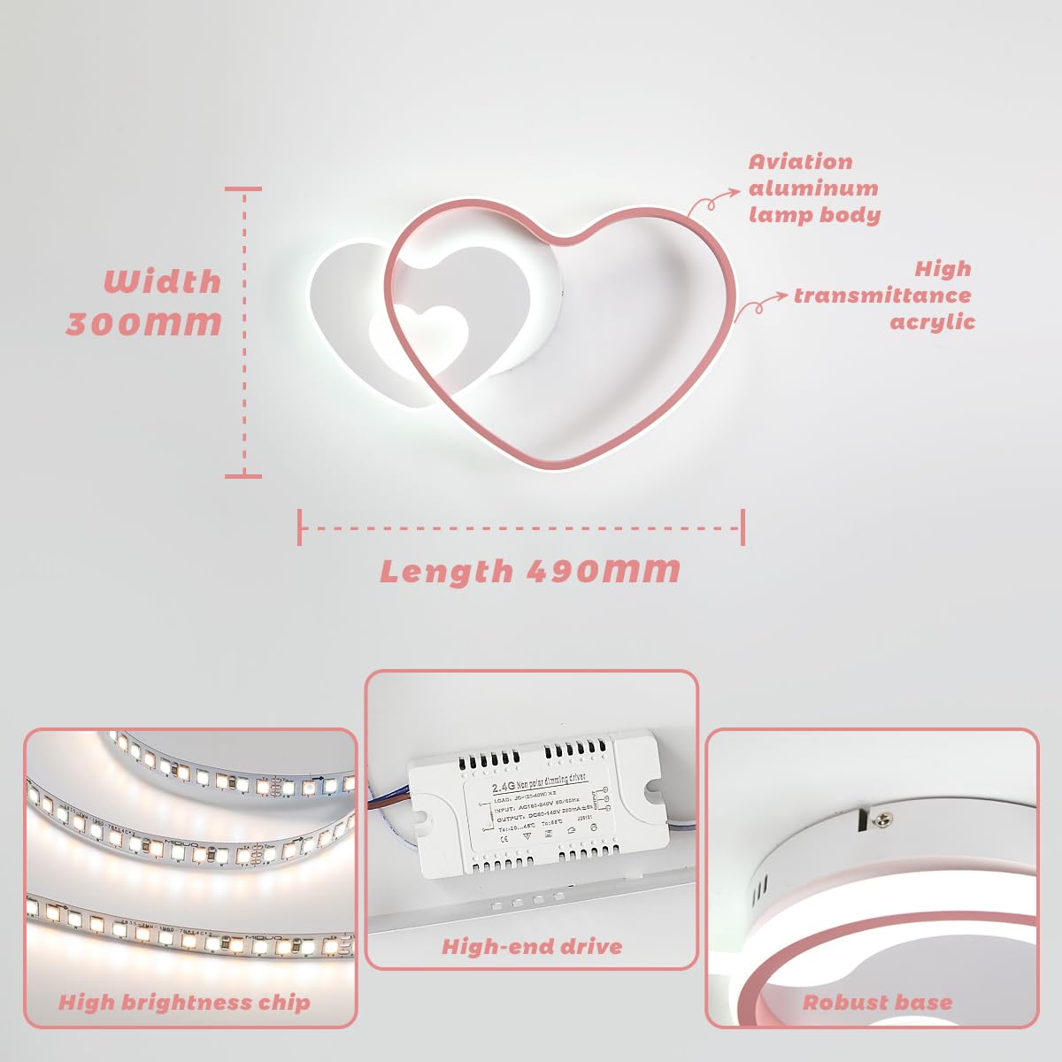 LED Deckenleuchte Moderne Herz Kinderlampe Deckenlampe 36W Dimmbar Mit Fernbedienung Jungen Mädchen Deckenlicht Cartoon Kinder Deckenlicht Schlafzimmer Dekor Lamp Rosa 48CM