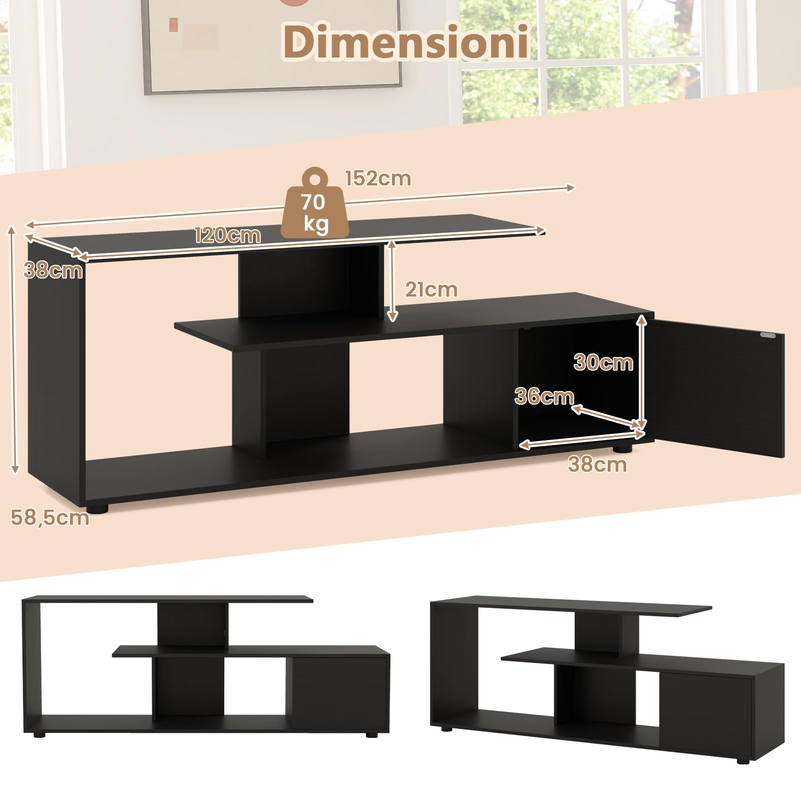 COSTWAY Mobile Porta TV, per TV Fino a 55'', Console Media a 3 Ripiani Asimmetrici con Ripiani di Stoccaggio e Armadietto, Mobile TV con Cassetto, 5 Gambe di Supporto (Nero)