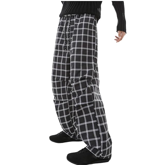 Mens Plaid Pants Women Y2k Oversized Checked Pant Cozy Lounge Drawstring Waist Wide Leg Trousers Baggy Lightweight Pj