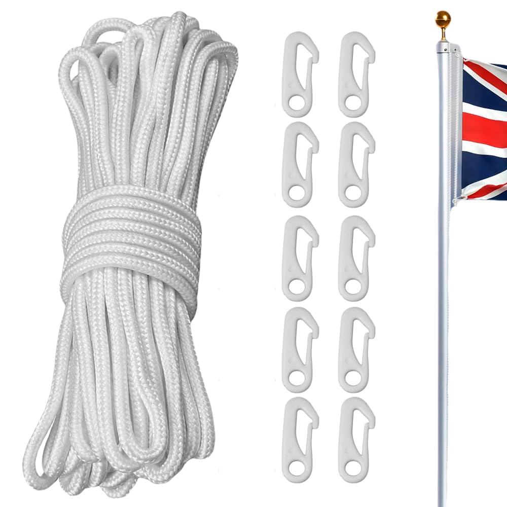 15m Nylon Flag Pole Halyard Rope with 10 Plastic Flag Clips, Heavy Duty Replacement Flag Rope for Garden Camping Clothesline Swing