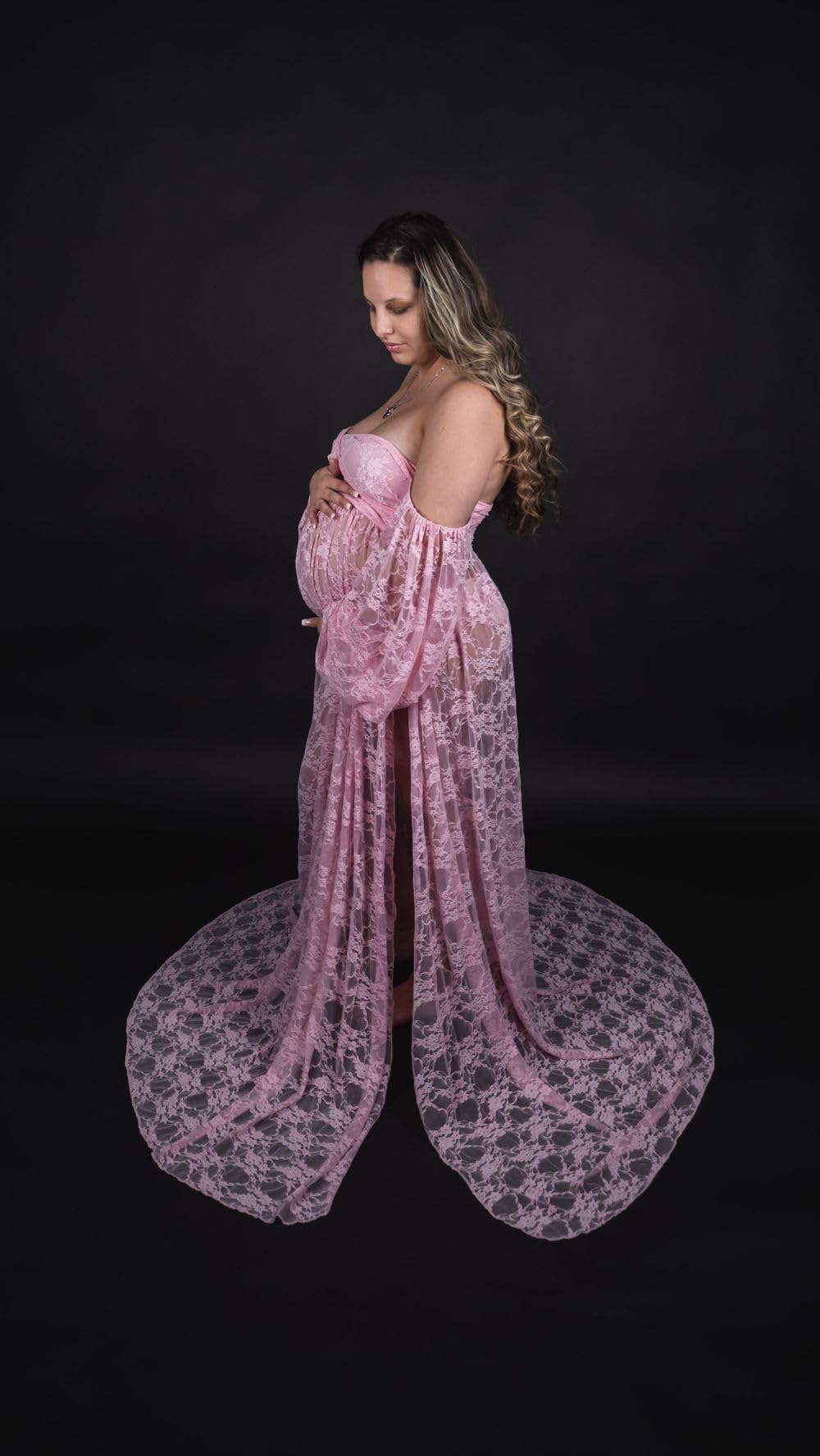 Saslax Weiche, dehnbare Spitze, schulterfrei, doppelt geteilter A-Linien-Rock, Umstandskleid, Schwangerschaftskleid, Maxikleid für Fotoshootings