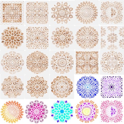 18 Pièces Pochoir Mandala de Peinture, 15x15CM Pochoir à Dessin Réutilisable Plastique Pochoir pour Planchers, Fenêtres, Meubles, Bois, Wall Decor