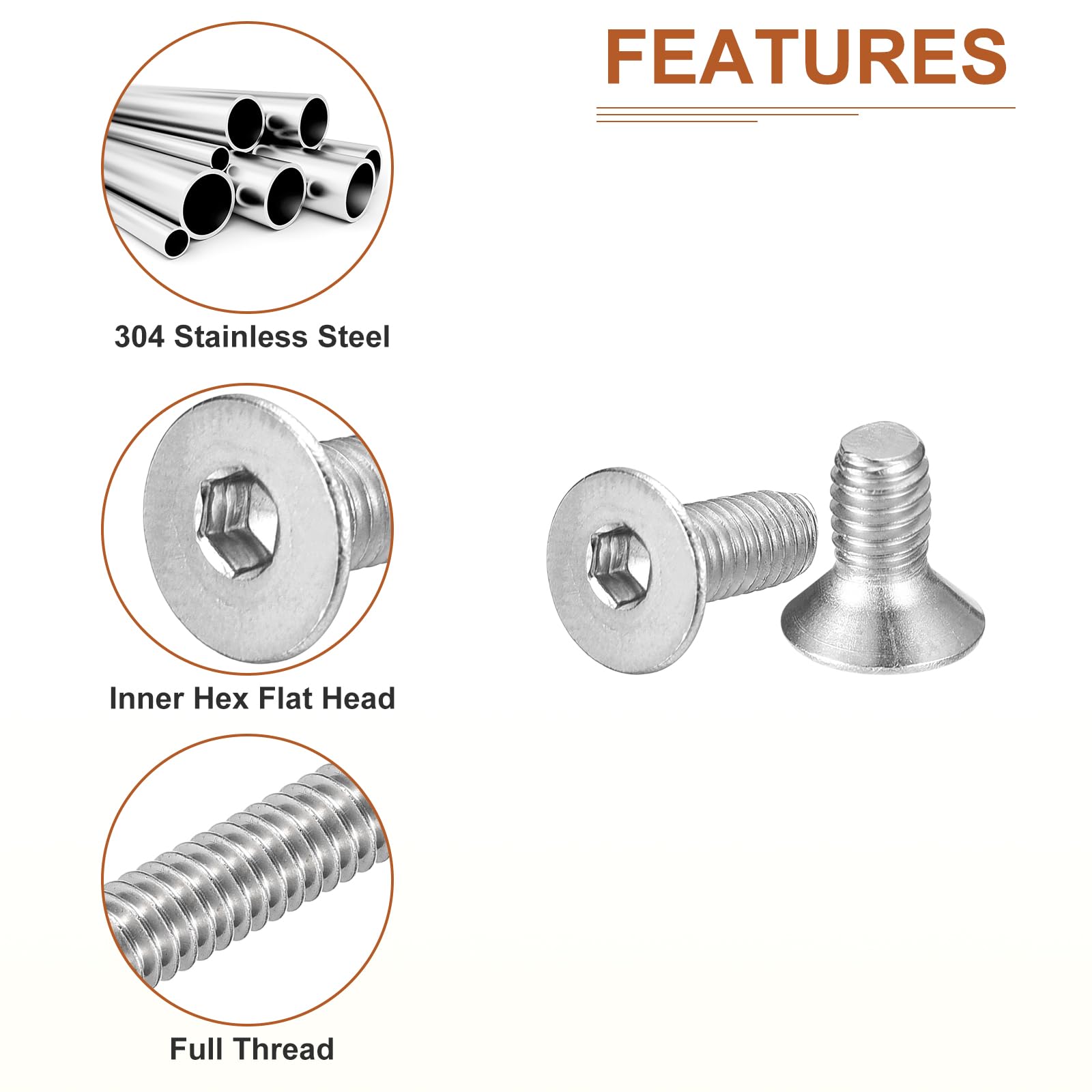 DTGN M4-0.7x8mm Flat Head Socket Cap Screws, 80 Pack 304 Stainless Steel Hex Socket Flat Head Screws, Full Thread, Countersunk Bolts - Image 4