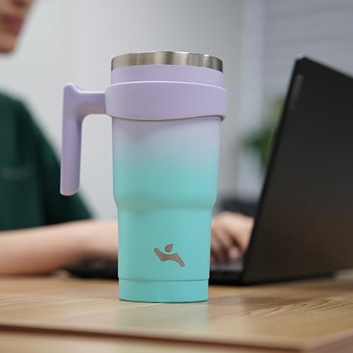 Miniatura 6 de Vaso de 40 onzas con asa y 2 pajillas, 2 tapas, botella de agua aislada de acero inoxidable al vacío, taza reutilizable para viaje, Oasis