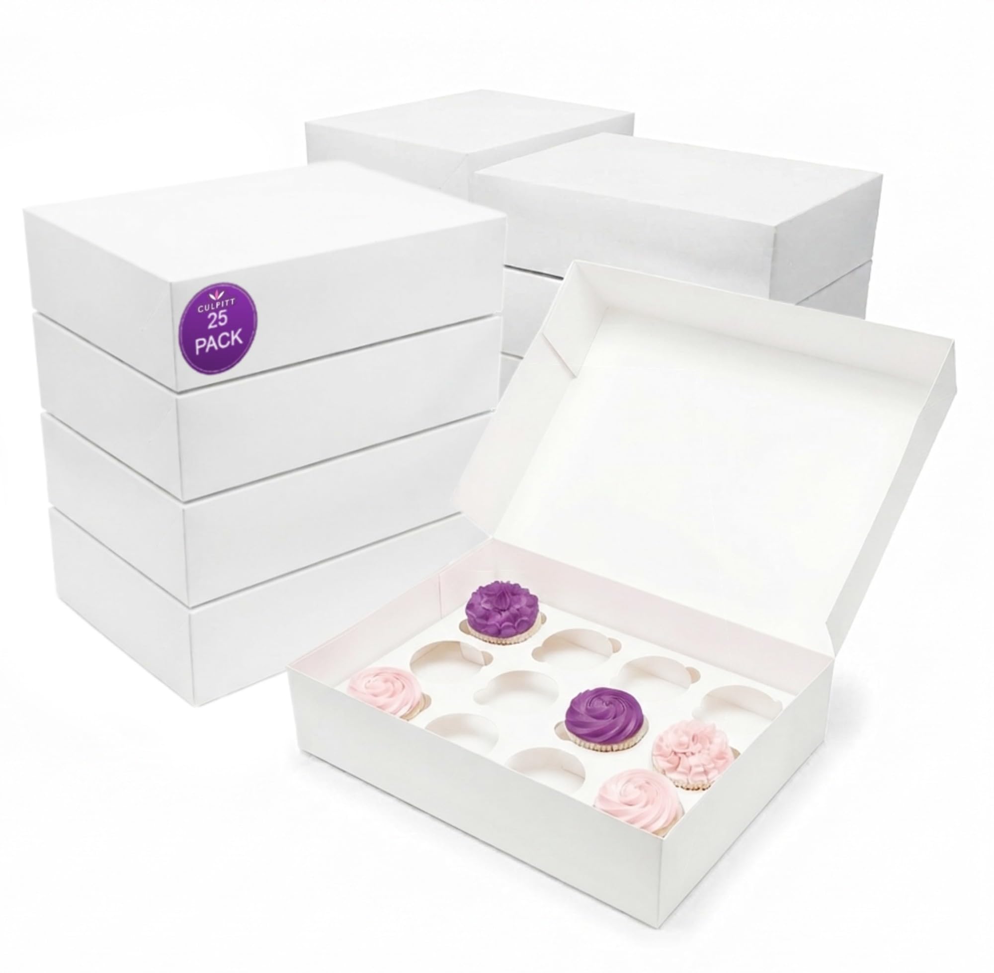 Culpitt 12 Hole Cupcake Boxes | 25 Pack | Food Safe, White