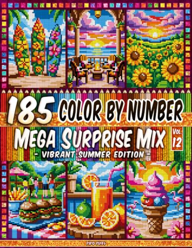 185 Color by Number Coloring Book - Mega Surprise Mix - Vol. 12: 185 Pixel Art Designs - Inspired by 20 Vibrant Summer Edition Volumes image 2