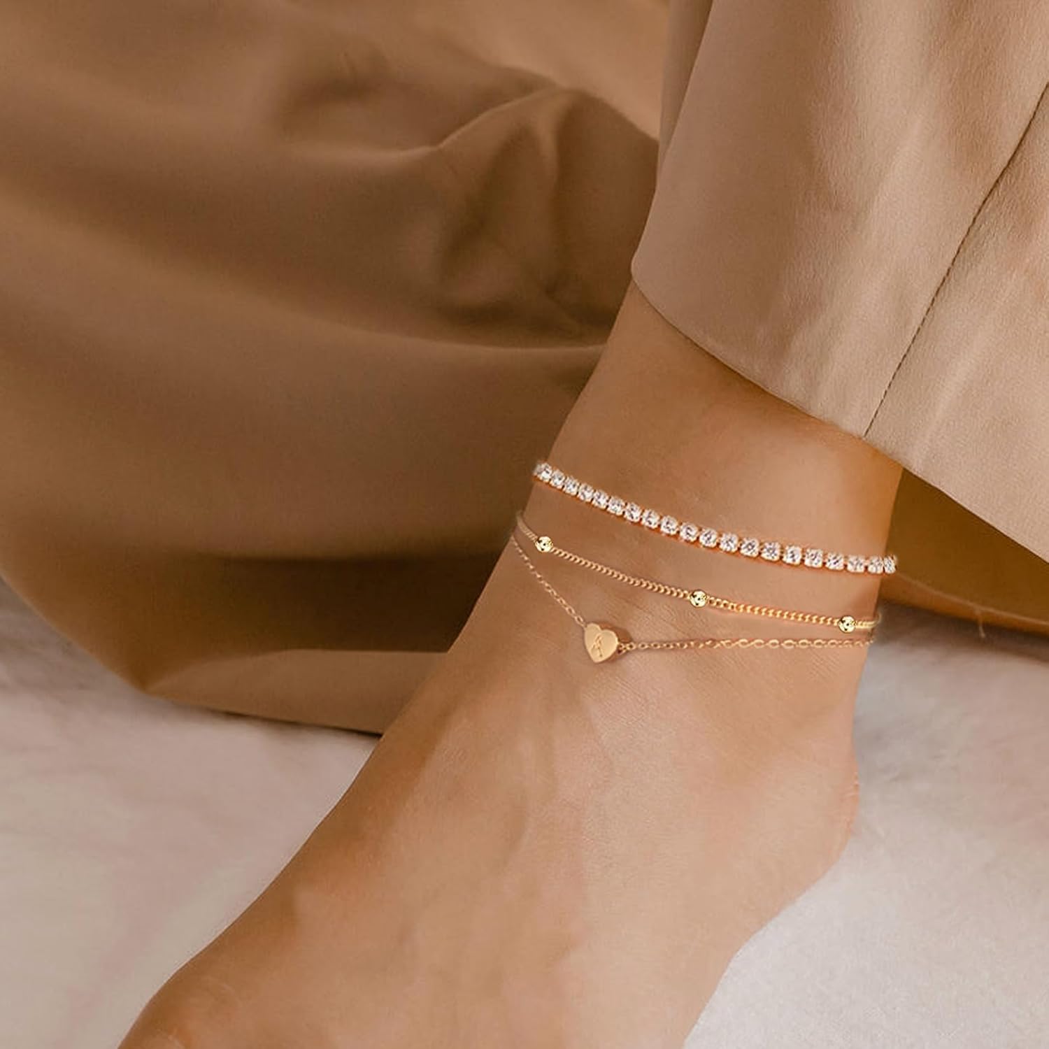 Initial Ankle Bracelets for Women, Dainty Gold Layered Heart CZ Bead Anklets, 14K Gold Plated Waterproof Summer Beach Jewelry Set - Image 5