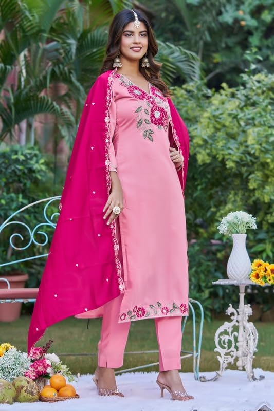 Image of Women's Baby Pink Kurti Pant Set with Dupatta | V-Neck Floral Embroidered Straight Kurta Set for Women | Festive Ethnic Suit Set For Women