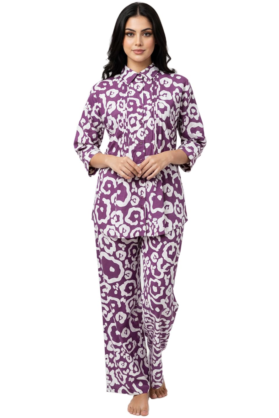 Co-ords Set for Women's Printed Cotton Night Dress of Shirt and Pyjama Set-image-44