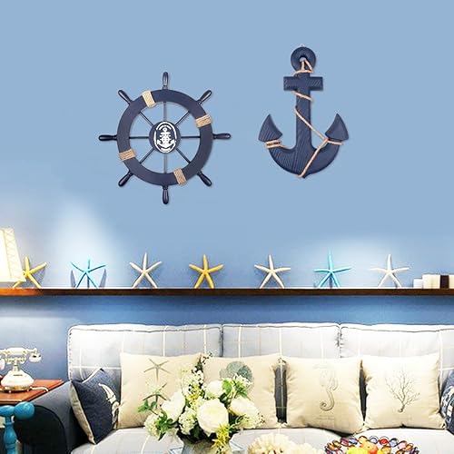 Miniatura 7 de Paquete de 2 ruedas náuticas de madera de playa de 11 pulgadas y ancla de madera de 13 pulgadas con cuerda, volante de barco náutico, timón, ancla