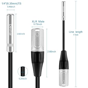 XLR Male to 1/4 Female calbe, 3 Pin Male to 6.35mm Socket Audio Cord, XLR Plug to TS/TRS Quarter inch Adapter Connector Converter Metal Construction 1 feet (30 cm)