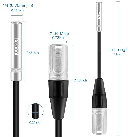 XLR Male to 1/4 Female calbe, 3 Pin Male to 6.35mm Socket Audio Cord, XLR Plug to TS/TRS Quarter inch Adapter Connector Converter Metal Construction 1 feet (30 cm)