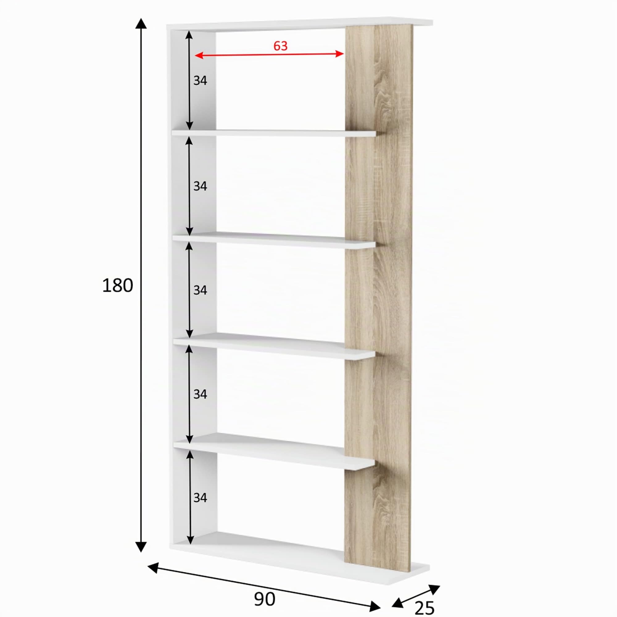 HOMN LIVING Étagère Bibliothèque Lugo Couleur Blanc/Chêne 5 étagères, pour Salon, Salle à Manger ou Bureau, 90 cm (Largeur) 25 cm (Profondeur) 180 cm (Hauteur)