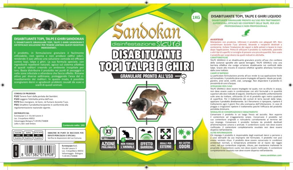 Sandokan, 2 Disabituanti Topi Talpe e Ghiri Granulare 1+1L, Repellente Topi e Dissuasore Educativo Naturale, Barriera Olfattiva per Giardino e Orto Contro Roditori, Senza Veleno Made in Italy