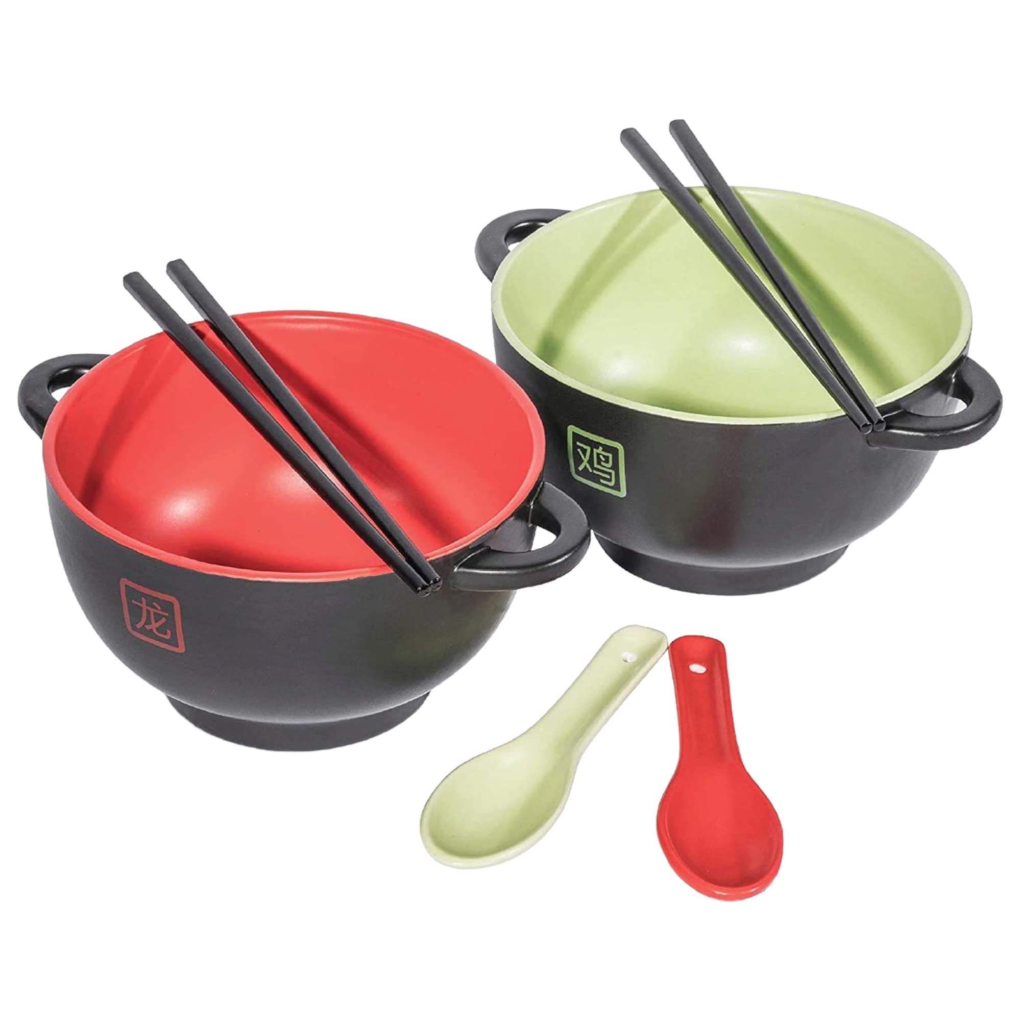 Japanese Ceramic Ramen Bowl Set - Ramen Bowl with Chopsticks & Spoon - 6 pc Red Dragon & Green Rooster Noodle Bowl Set - Ceramic Bowls for Soup - Kitchen Holiday Gift Set - 42 oz